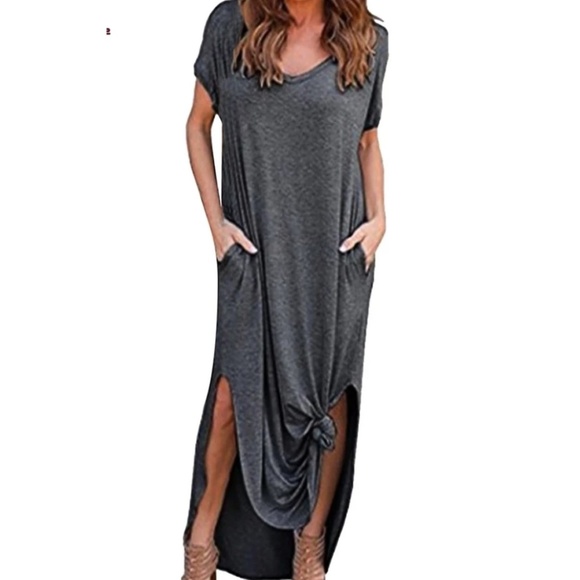 loose fit oversized maxi dress Dresses & Skirts - V-neck Short Sleeve Maxi Dress Side Pockets Slit